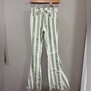 Altar'd State Saints & Hearts Ivory/Seafoam High Rise Striped Bell Bottom Jeans